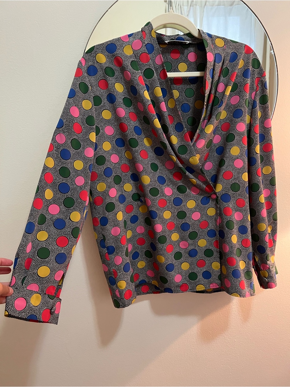 Vintage French Bragard brand Colorful Polka Dot Long Sleeve silky blazer /blouse
